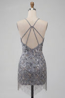 Laden Sie das Bild in den Galerie-Viewer, Halterhals Grauer Bodycon Kurzes Perlen Kurzes Abendkleid mit Fransen