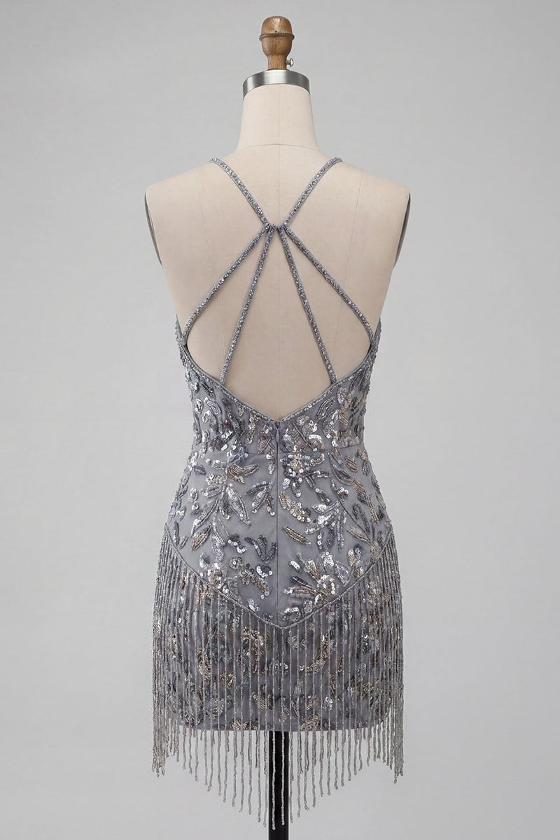 Laden Sie das Bild in den Galerie-Viewer, Halterhals Grauer Bodycon Kurzes Perlen Kurzes Abendkleid mit Fransen