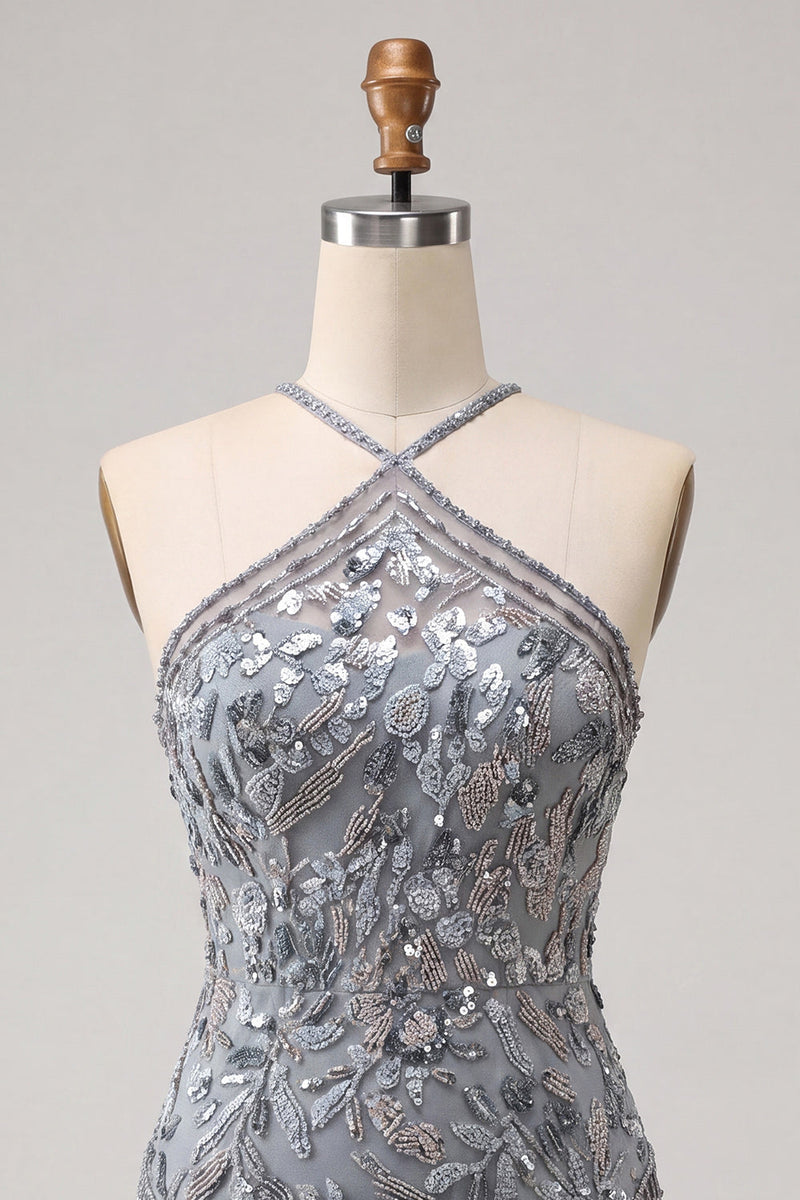 Laden Sie das Bild in den Galerie-Viewer, Halterhals Grauer Bodycon Kurzes Perlen Kurzes Abendkleid mit Fransen