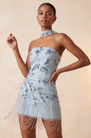 Laden Sie das Bild in den Galerie-Viewer, Blaues Trägerloses Bodycon Blumen Pailletten Kurzes Abendkleid mit Fransen