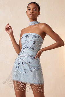 Blaues Trägerloses Bodycon Blumen Pailletten Kurzes Abendkleid mit Fransen