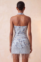 Laden Sie das Bild in den Galerie-Viewer, Blaues Trägerloses Bodycon Blumen Pailletten Kurzes Abendkleid mit Fransen
