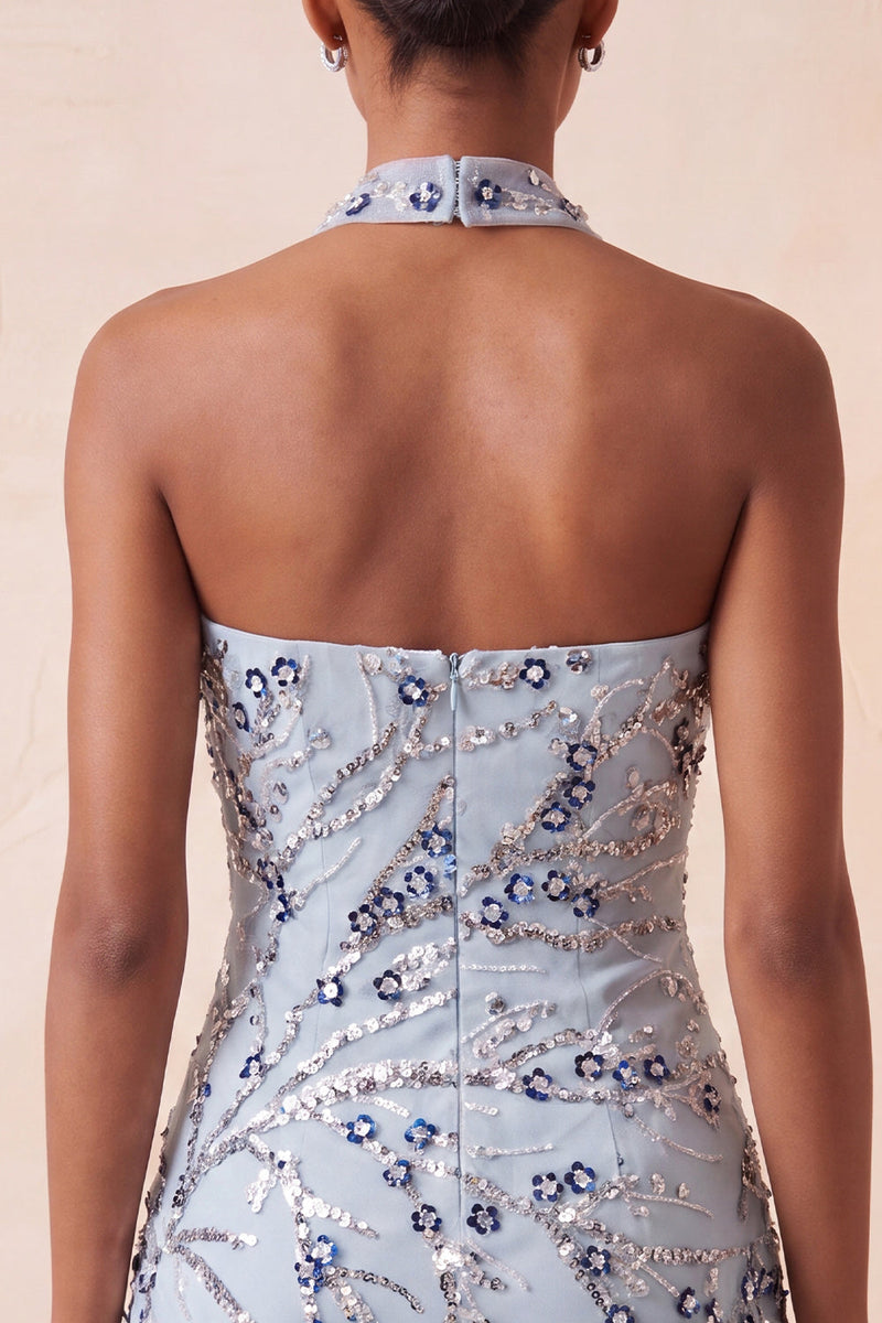 Laden Sie das Bild in den Galerie-Viewer, Blaues Trägerloses Bodycon Blumen Pailletten Kurzes Abendkleid mit Fransen