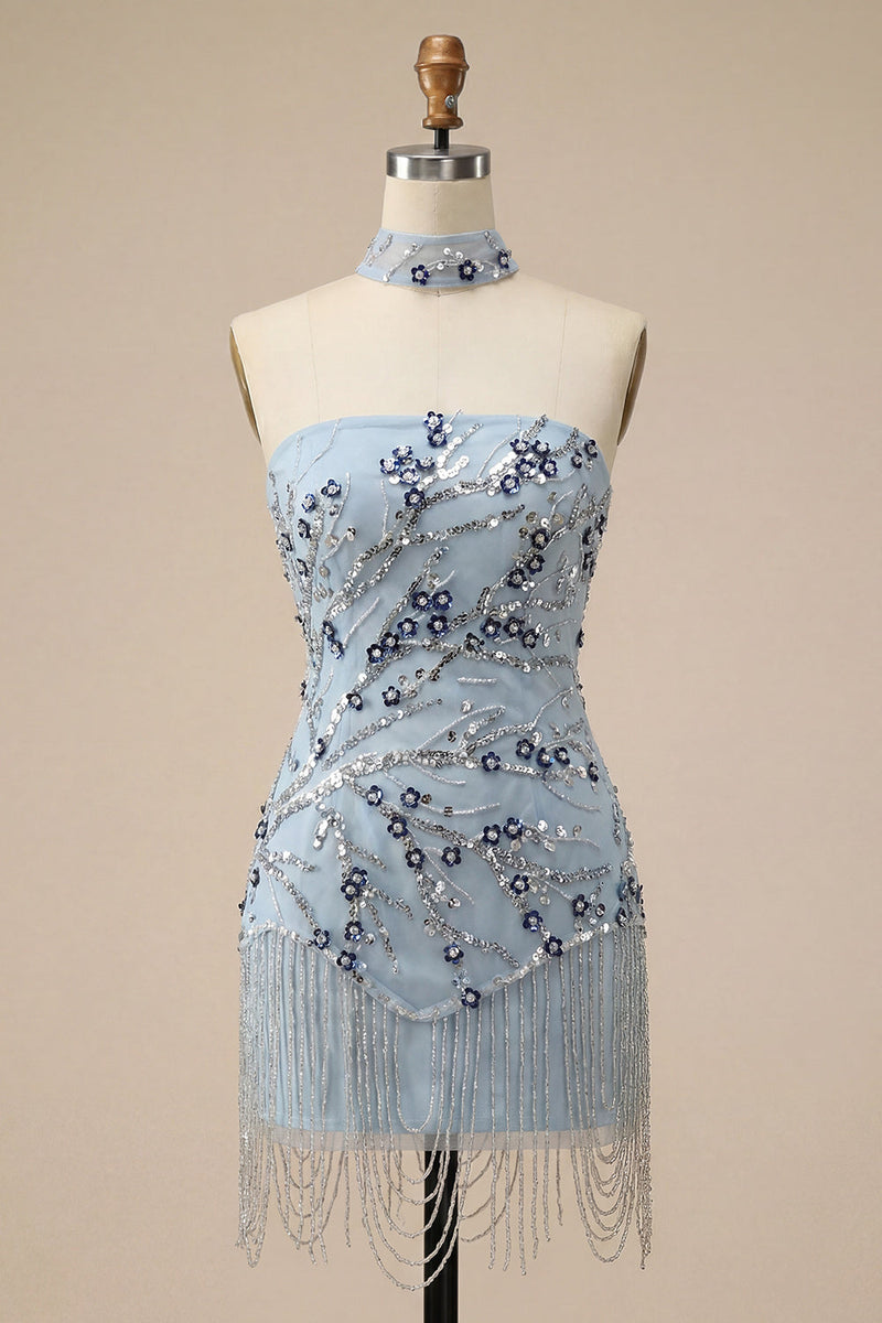 Laden Sie das Bild in den Galerie-Viewer, Blaues Trägerloses Bodycon Blumen Pailletten Kurzes Abendkleid mit Fransen