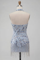 Laden Sie das Bild in den Galerie-Viewer, Blaues Trägerloses Bodycon Blumen Pailletten Kurzes Abendkleid mit Fransen
