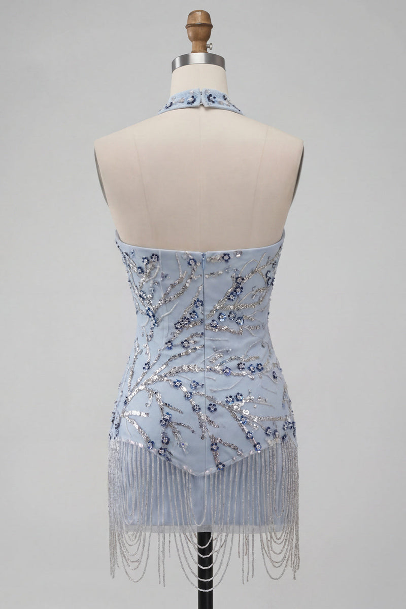 Laden Sie das Bild in den Galerie-Viewer, Blaues Trägerloses Bodycon Blumen Pailletten Kurzes Abendkleid mit Fransen