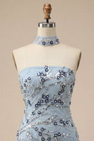 Laden Sie das Bild in den Galerie-Viewer, Blaues Trägerloses Bodycon Blumen Pailletten Kurzes Abendkleid mit Fransen
