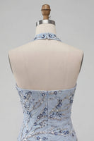 Laden Sie das Bild in den Galerie-Viewer, Blaues Trägerloses Bodycon Blumen Pailletten Kurzes Abendkleid mit Fransen