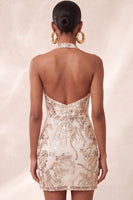 Laden Sie das Bild in den Galerie-Viewer, Champagner Neckholderhals Bodycon Pailletten Rückenloses Kurzes Abendkleid