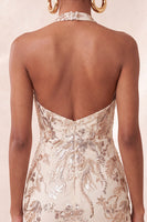Laden Sie das Bild in den Galerie-Viewer, Champagner Neckholderhals Bodycon Pailletten Rückenloses Kurzes Abendkleid