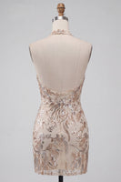 Laden Sie das Bild in den Galerie-Viewer, Champagner Neckholderhals Bodycon Pailletten Rückenloses Kurzes Abendkleid