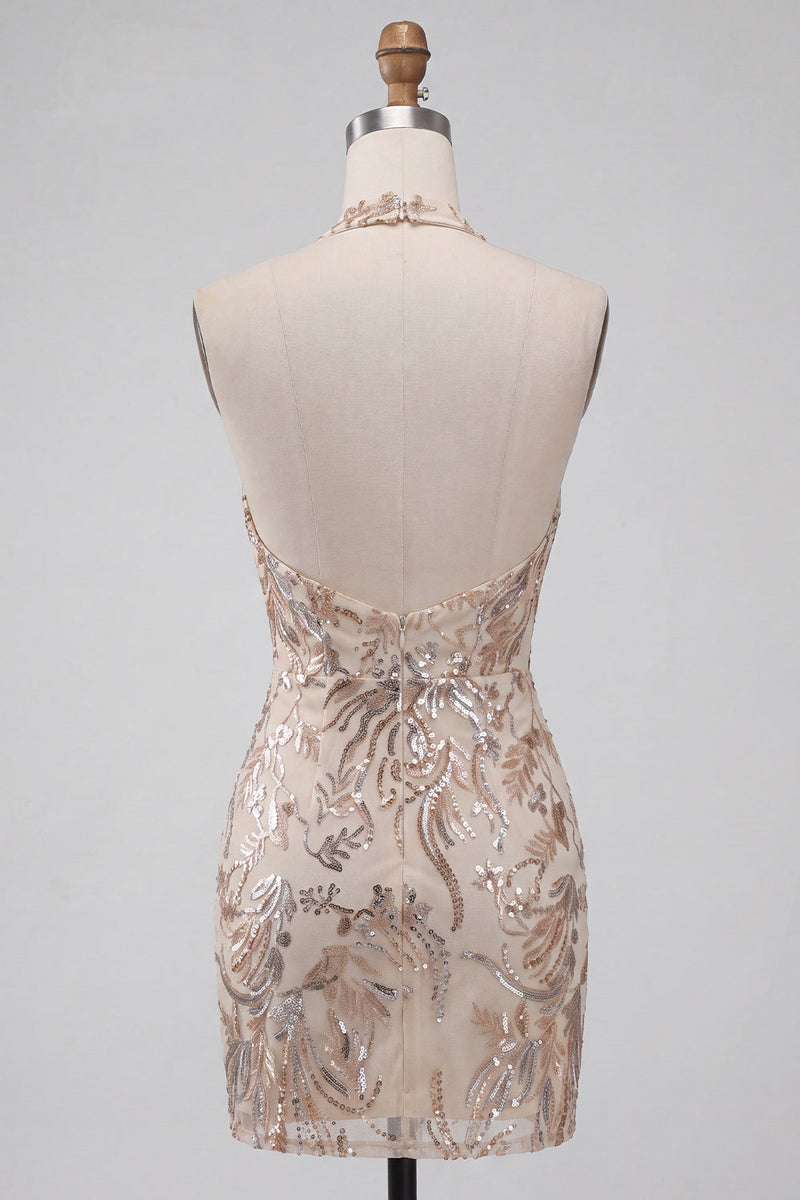 Laden Sie das Bild in den Galerie-Viewer, Champagner Neckholderhals Bodycon Pailletten Rückenloses Kurzes Abendkleid