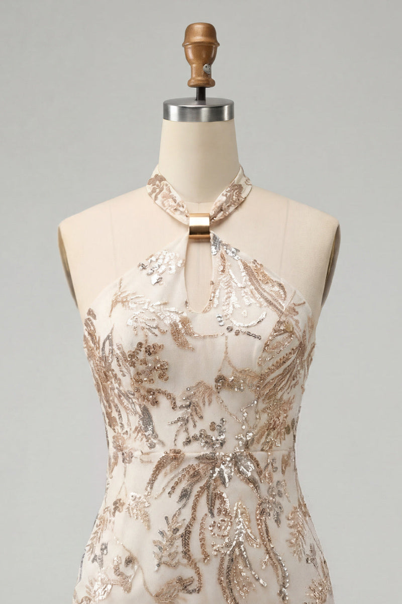 Laden Sie das Bild in den Galerie-Viewer, Champagner Neckholderhals Bodycon Pailletten Rückenloses Kurzes Abendkleid