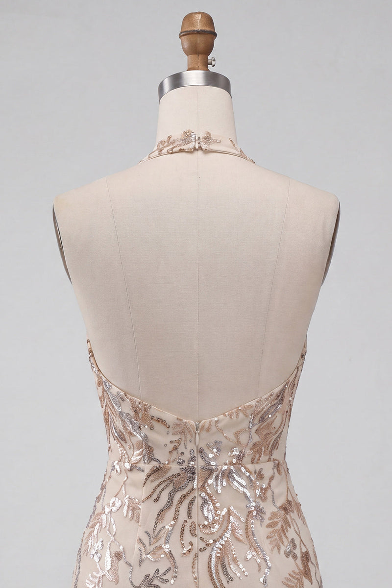 Laden Sie das Bild in den Galerie-Viewer, Champagner Neckholderhals Bodycon Pailletten Rückenloses Kurzes Abendkleid