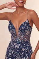 Laden Sie das Bild in den Galerie-Viewer, Bodycon Navy Pailletten Spaghettiträger Kurzes Abendkleid mit Schlitz