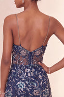 Laden Sie das Bild in den Galerie-Viewer, Bodycon Navy Pailletten Spaghettiträger Kurzes Abendkleid mit Schlitz