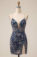 Laden Sie das Bild in den Galerie-Viewer, Bodycon Navy Pailletten Spaghettiträger Kurzes Abendkleid mit Schlitz