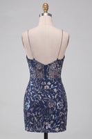 Laden Sie das Bild in den Galerie-Viewer, Bodycon Navy Pailletten Spaghettiträger Kurzes Abendkleid mit Schlitz