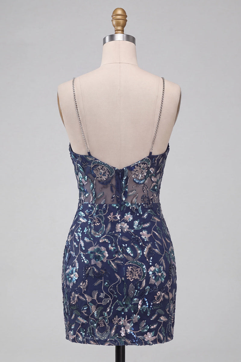 Laden Sie das Bild in den Galerie-Viewer, Bodycon Navy Pailletten Spaghettiträger Kurzes Abendkleid mit Schlitz
