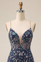 Laden Sie das Bild in den Galerie-Viewer, Bodycon Navy Pailletten Spaghettiträger Kurzes Abendkleid mit Schlitz