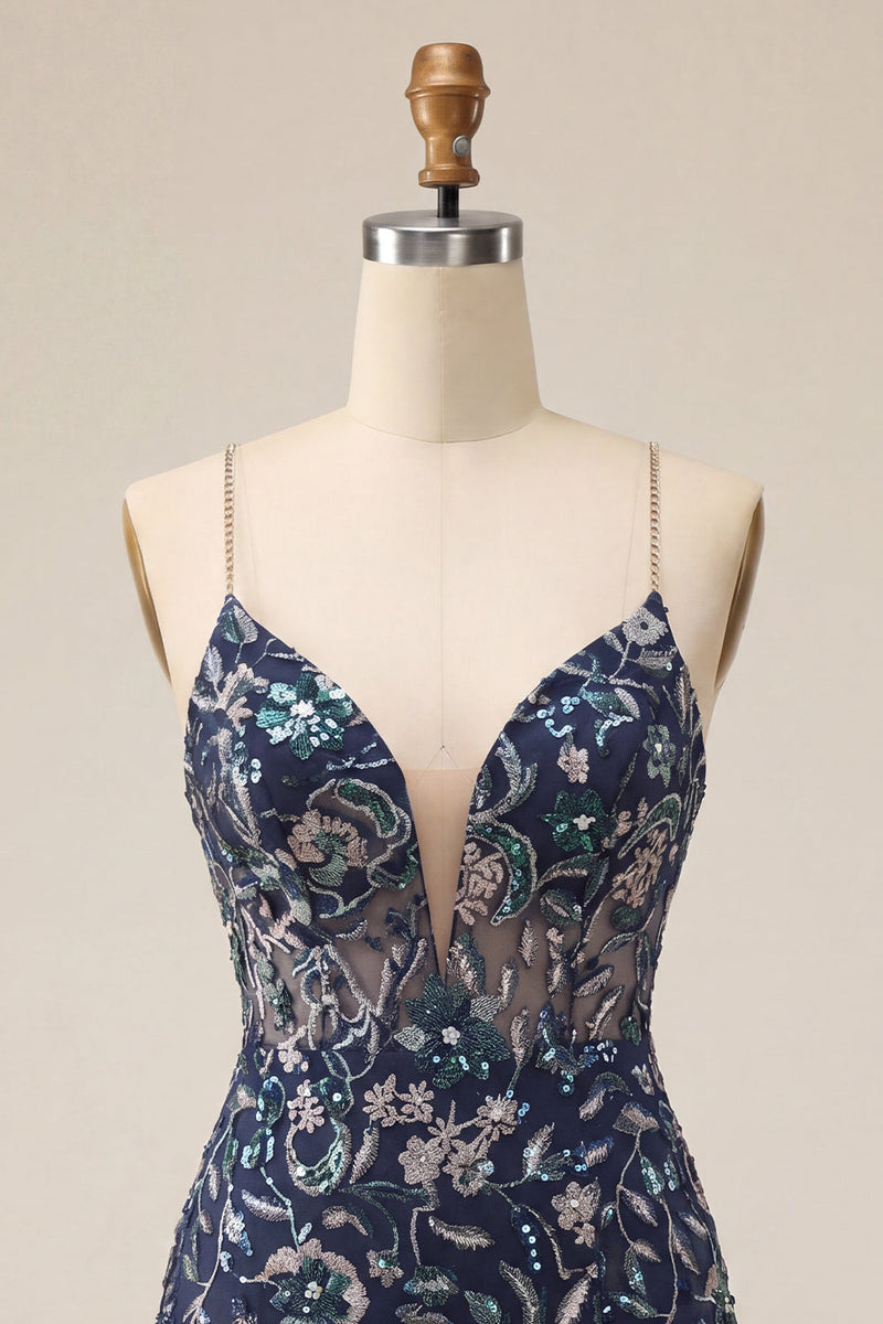 Laden Sie das Bild in den Galerie-Viewer, Bodycon Navy Pailletten Spaghettiträger Kurzes Abendkleid mit Schlitz