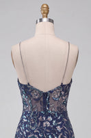 Laden Sie das Bild in den Galerie-Viewer, Bodycon Navy Pailletten Spaghettiträger Kurzes Abendkleid mit Schlitz