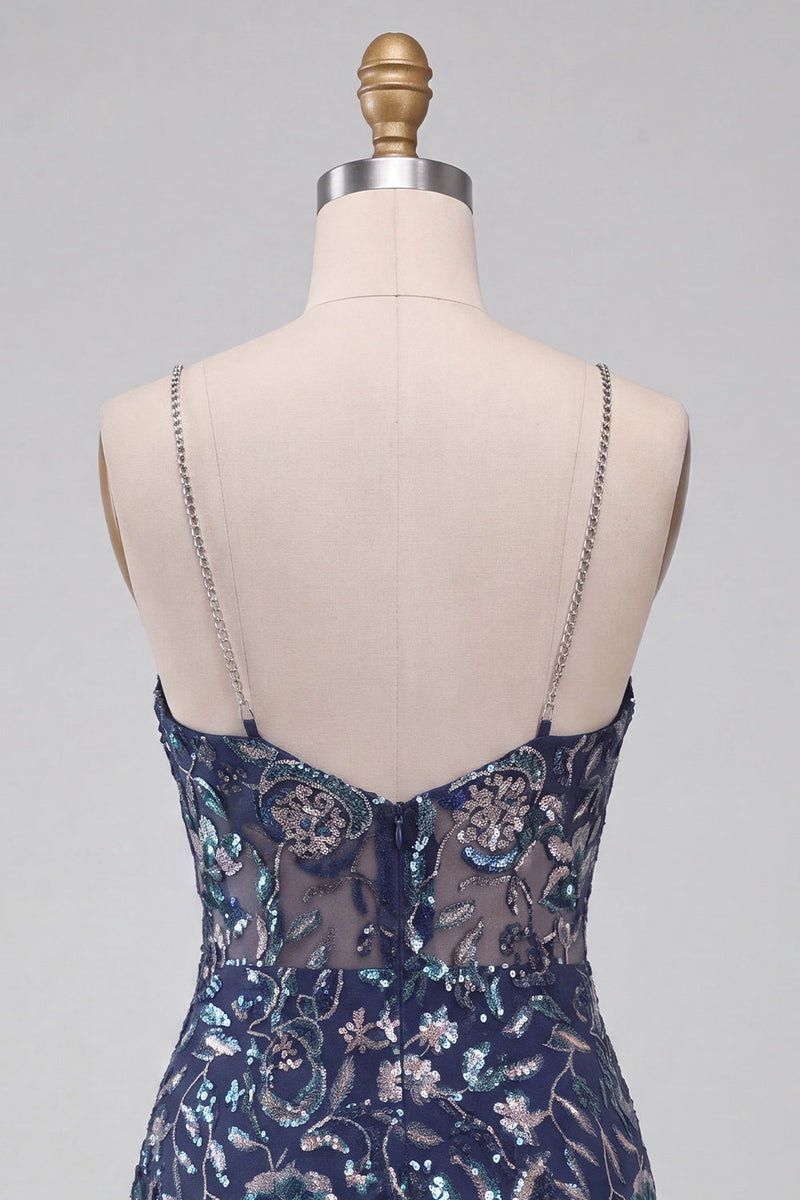 Laden Sie das Bild in den Galerie-Viewer, Bodycon Navy Pailletten Spaghettiträger Kurzes Abendkleid mit Schlitz