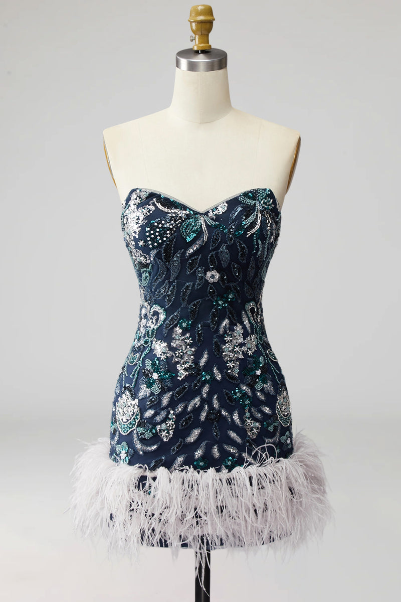 Laden Sie das Bild in den Galerie-Viewer, Trägerloses Marineblaues Bodycon Pailletten Kurzes Abendkleid mit Federn