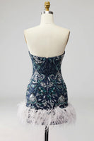 Laden Sie das Bild in den Galerie-Viewer, Trägerloses Marineblaues Bodycon Pailletten Kurzes Abendkleid mit Federn