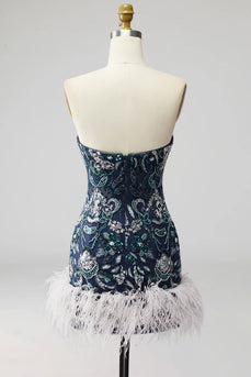 Trägerloses Marineblaues Bodycon Pailletten Kurzes Abendkleid mit Federn