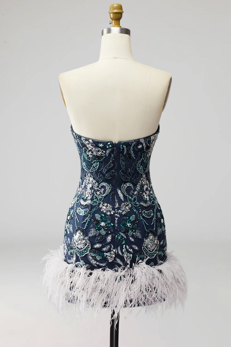 Laden Sie das Bild in den Galerie-Viewer, Trägerloses Marineblaues Bodycon Pailletten Kurzes Abendkleid mit Federn