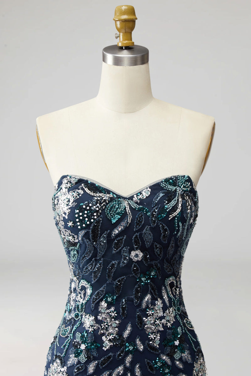 Laden Sie das Bild in den Galerie-Viewer, Trägerloses Marineblaues Bodycon Pailletten Kurzes Abendkleid mit Federn