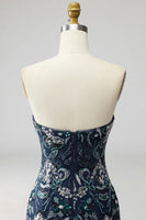 Laden Sie das Bild in den Galerie-Viewer, Trägerloses Marineblaues Bodycon Pailletten Kurzes Abendkleid mit Federn