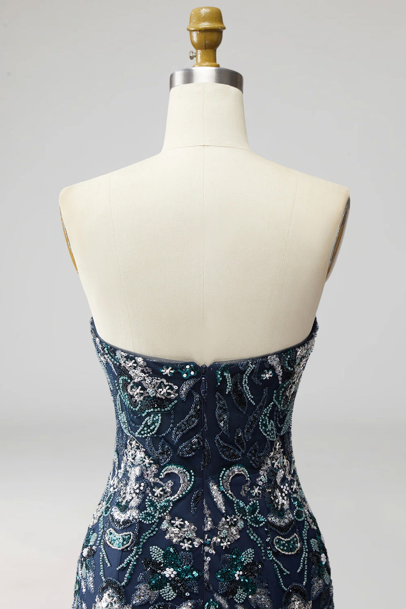 Laden Sie das Bild in den Galerie-Viewer, Trägerloses Marineblaues Bodycon Pailletten Kurzes Abendkleid mit Federn