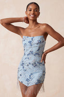 Laden Sie das Bild in den Galerie-Viewer, Trägerloses Blaues Pailletten Blumen Kurzes Abendkleid mit Fransen