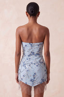 Laden Sie das Bild in den Galerie-Viewer, Trägerloses Blaues Pailletten Blumen Kurzes Abendkleid mit Fransen