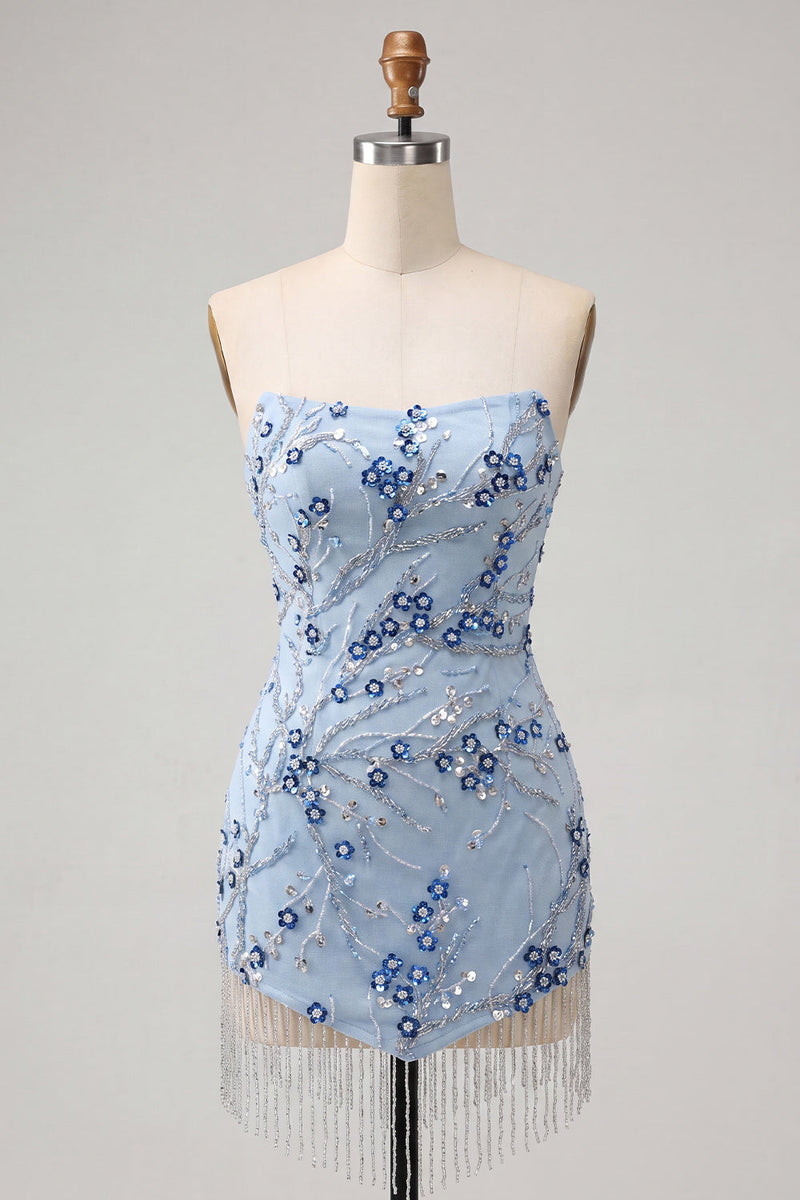 Laden Sie das Bild in den Galerie-Viewer, Trägerloses Blaues Pailletten Blumen Kurzes Abendkleid mit Fransen