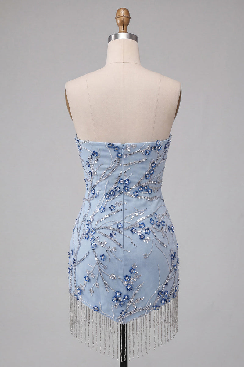 Laden Sie das Bild in den Galerie-Viewer, Trägerloses Blaues Pailletten Blumen Kurzes Abendkleid mit Fransen