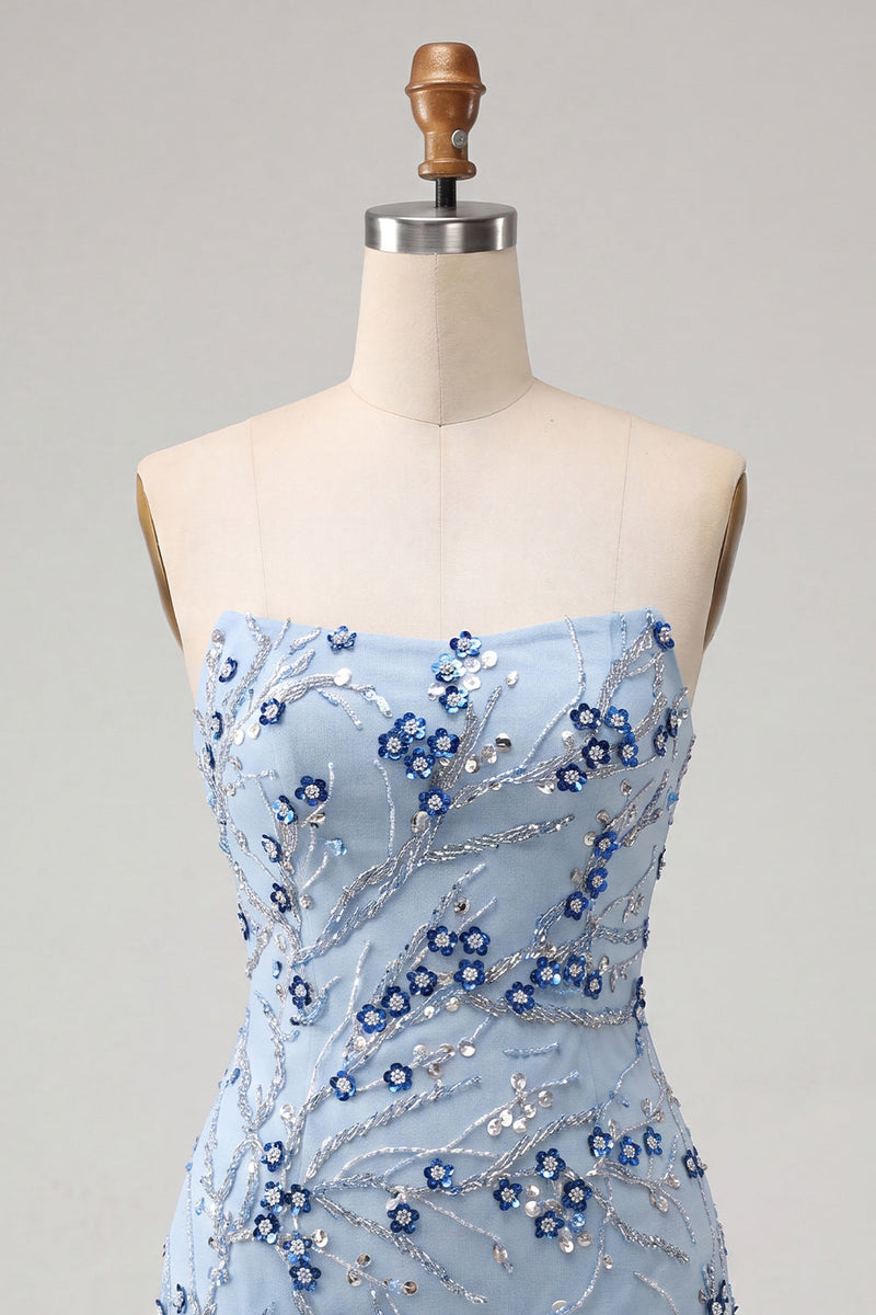 Laden Sie das Bild in den Galerie-Viewer, Trägerloses Blaues Pailletten Blumen Kurzes Abendkleid mit Fransen