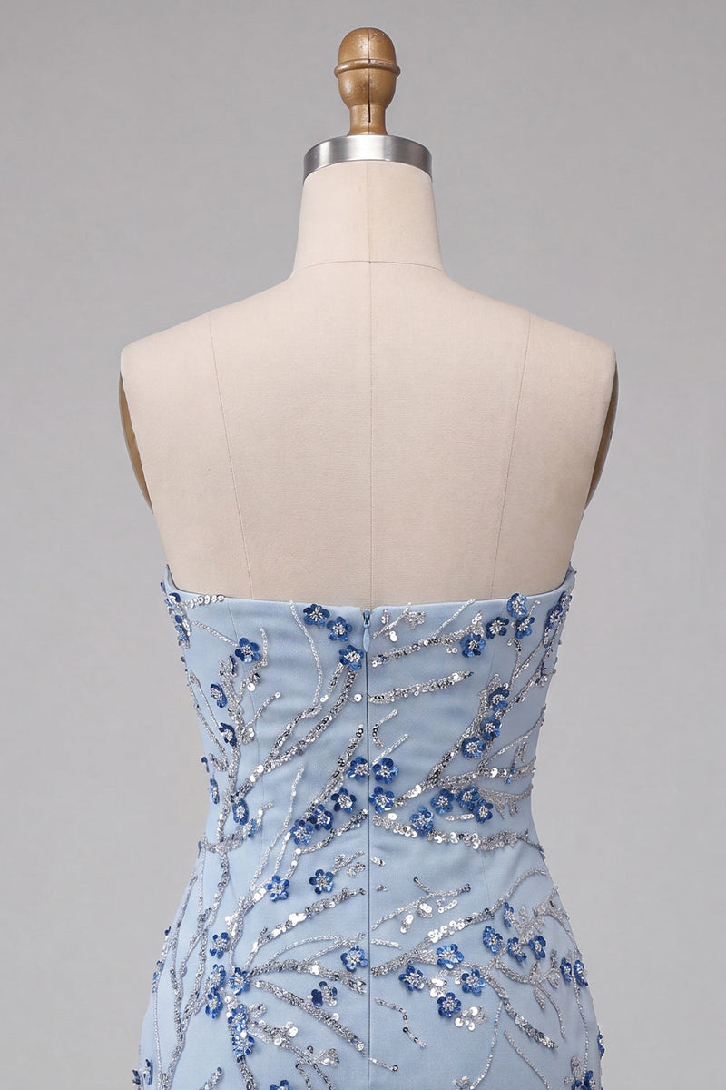 Laden Sie das Bild in den Galerie-Viewer, Trägerloses Blaues Pailletten Blumen Kurzes Abendkleid mit Fransen