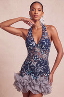 Laden Sie das Bild in den Galerie-Viewer, Marineblaues Neckholder Pailletten Bodycon Blumen Rückenfreies Kurzes Abendkleid mit Rüschen