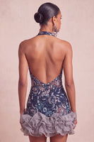 Laden Sie das Bild in den Galerie-Viewer, Marineblaues Neckholder Pailletten Bodycon Blumen Rückenfreies Kurzes Abendkleid mit Rüschen
