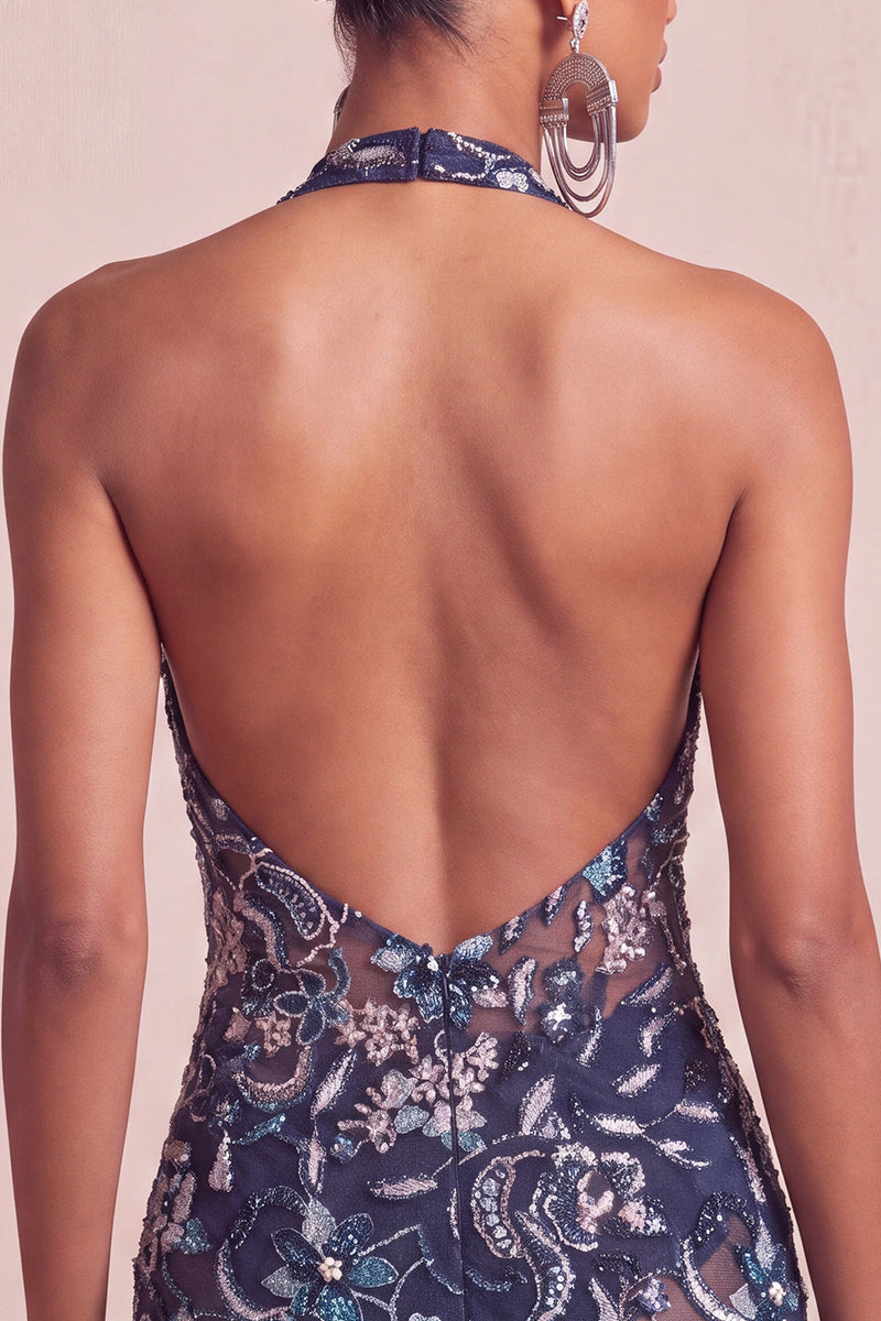 Laden Sie das Bild in den Galerie-Viewer, Marineblaues Neckholder Pailletten Bodycon Blumen Rückenfreies Kurzes Abendkleid mit Rüschen