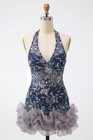 Laden Sie das Bild in den Galerie-Viewer, Marineblaues Neckholder Pailletten Bodycon Blumen Rückenfreies Kurzes Abendkleid mit Rüschen