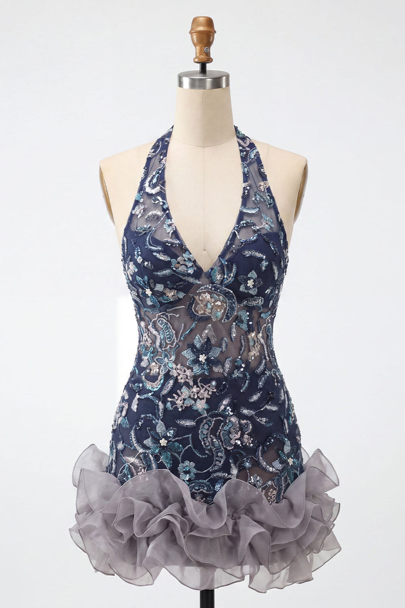 Laden Sie das Bild in den Galerie-Viewer, Marineblaues Neckholder Pailletten Bodycon Blumen Rückenfreies Kurzes Abendkleid mit Rüschen