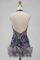 Laden Sie das Bild in den Galerie-Viewer, Marineblaues Neckholder Pailletten Bodycon Blumen Rückenfreies Kurzes Abendkleid mit Rüschen