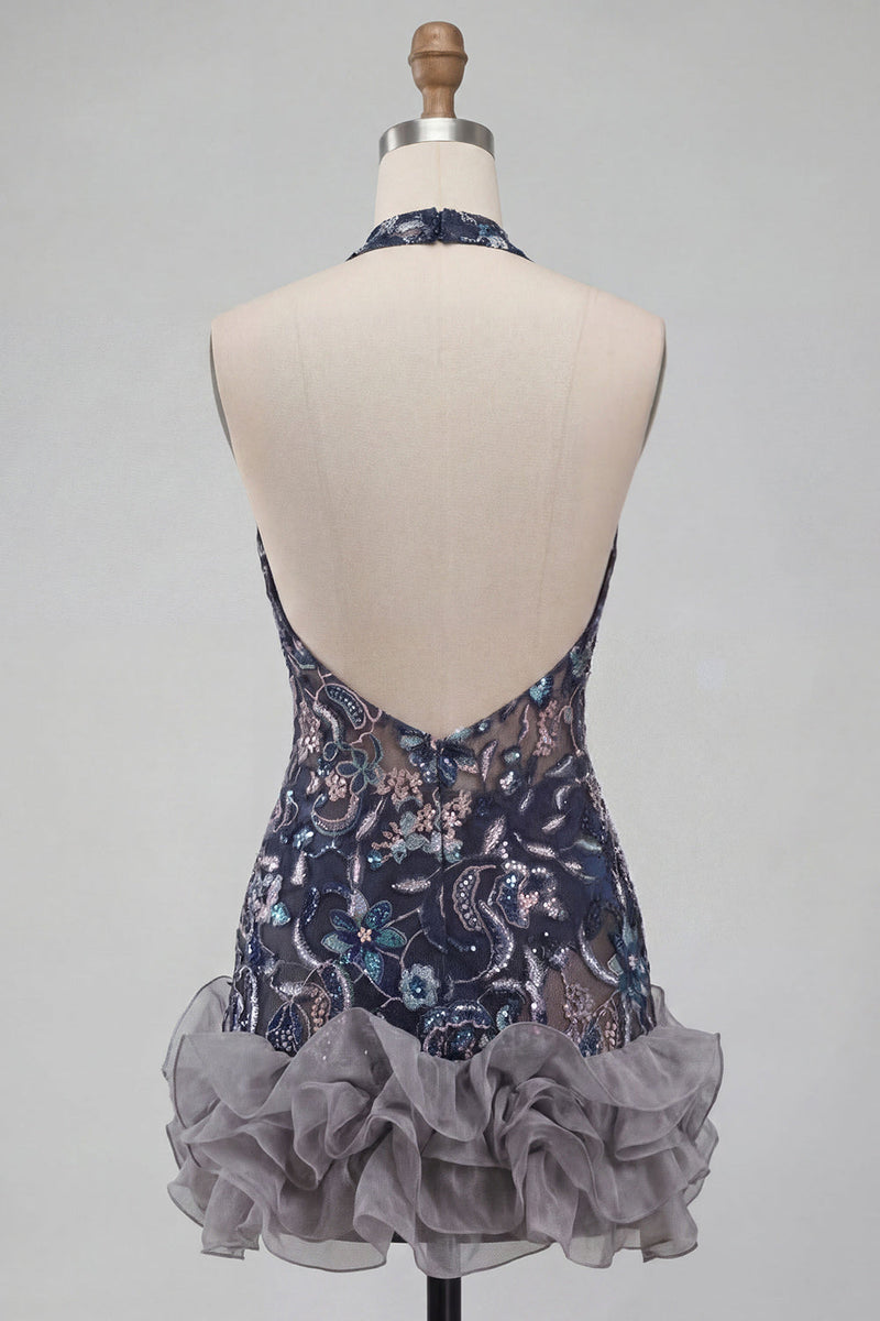 Laden Sie das Bild in den Galerie-Viewer, Marineblaues Neckholder Pailletten Bodycon Blumen Rückenfreies Kurzes Abendkleid mit Rüschen