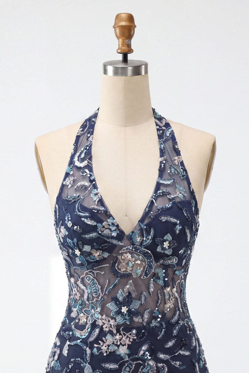 Laden Sie das Bild in den Galerie-Viewer, Marineblaues Neckholder Pailletten Bodycon Blumen Rückenfreies Kurzes Abendkleid mit Rüschen