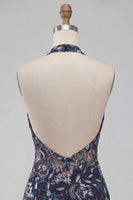 Laden Sie das Bild in den Galerie-Viewer, Marineblaues Neckholder Pailletten Bodycon Blumen Rückenfreies Kurzes Abendkleid mit Rüschen