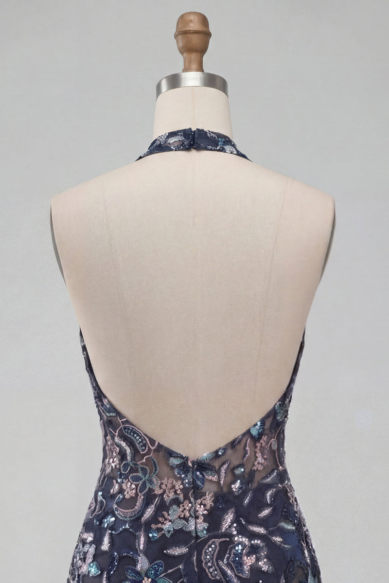 Laden Sie das Bild in den Galerie-Viewer, Marineblaues Neckholder Pailletten Bodycon Blumen Rückenfreies Kurzes Abendkleid mit Rüschen